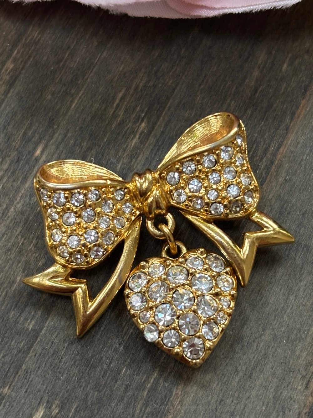 Vintage Swarovski Crystal Bow with Dangling Heart Brooch/Pin